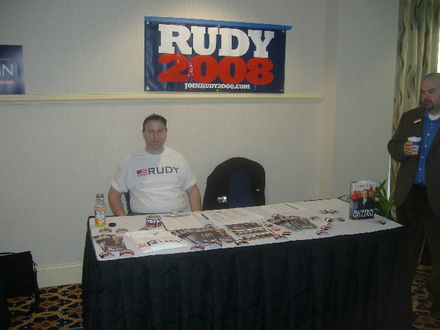 Candidate Rudy Giuliani did have some volunteers and literature at a table set up for Saturday morning, as did the McCain and Romney camps.