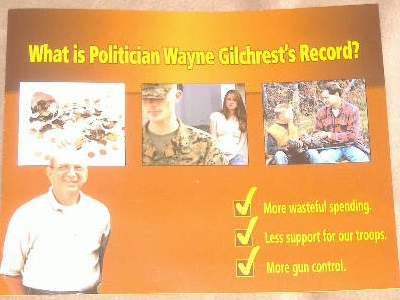 This flyer talks about opponent Wayne Gilchrest's record, with Pipkin being mentioned on the last page as one with a 'plan to change Congress.'